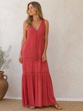 Alessandra Coral Maxi Dress Size S | 100% Rayon Boho Tassel Dress